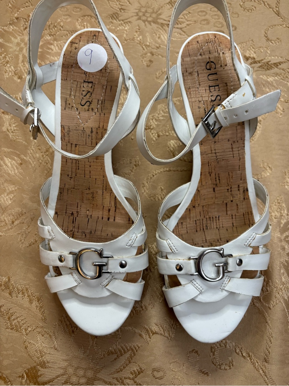 GUESS White Strappy Cork-Insole Heeled Sandals with G Accent